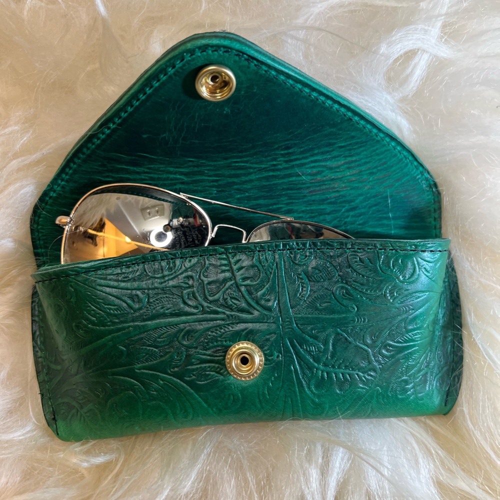 Green Horween leather glasses case
